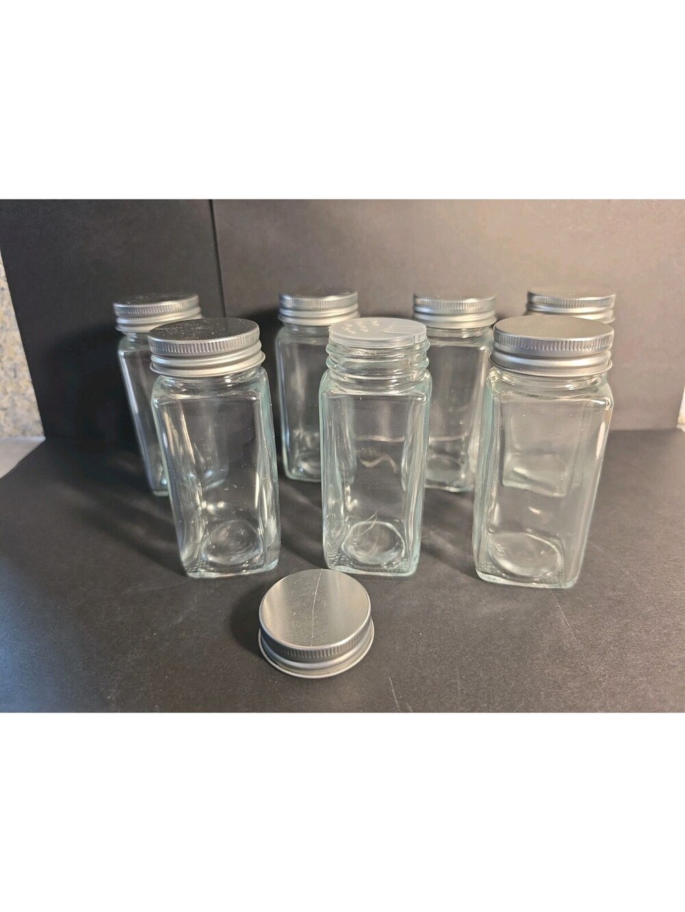 Set Of 7 New Square Spice Holders Glass 4.25" Tall